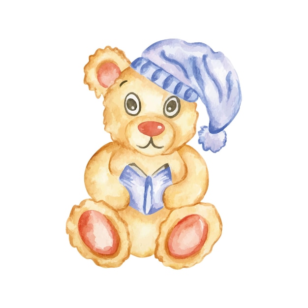Schattige kleine beer lees boek Speelgoed dier teddybeer Aquarel hand tekenen geïsoleerde illustratie