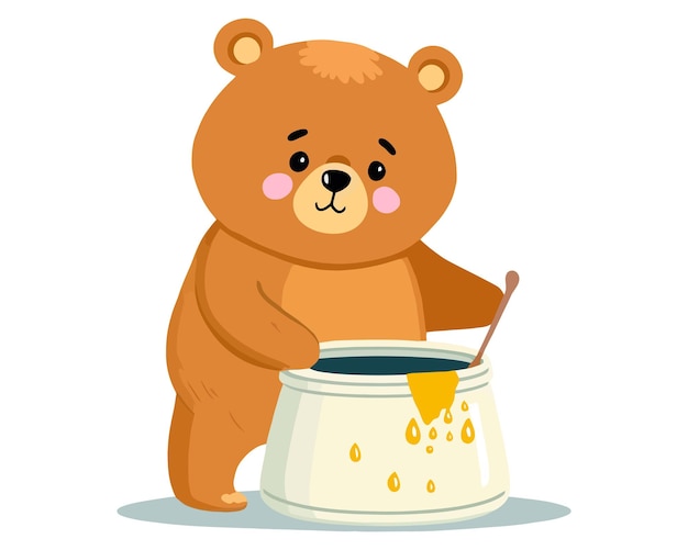 Schattige kleine beer met een grote pot honing en een lepel schattig berenontbijt