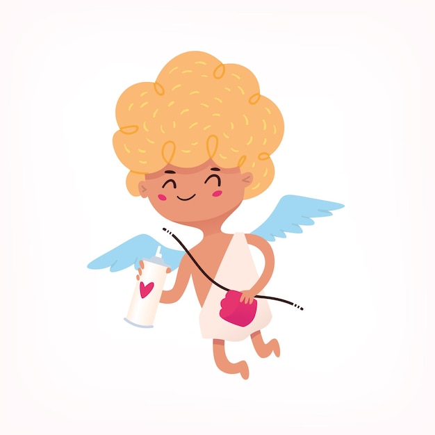 Schattige kleine cupido die met spuitverf vliegt geïsoleerde vectorillustratie van het karakter van de kindengel