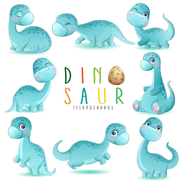 Vector schattige kleine dinosaurus vormt met aquarel illustratie