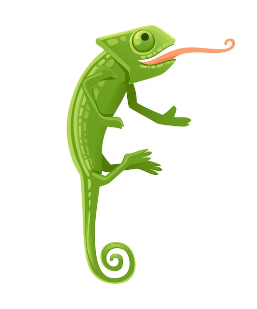 Schattige kleine groene kameleon met open mond en lange tong hagedis cartoon dierlijk ontwerp platte vectorillustratie geïsoleerd op een witte achtergrond.