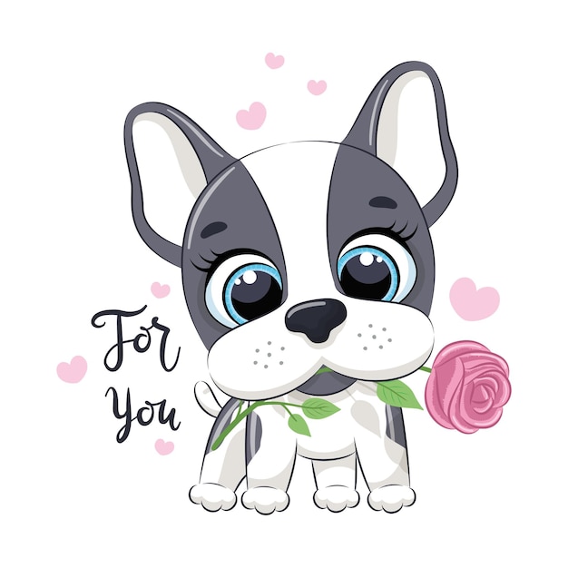 Schattige kleine hond met bloem. Gelukkige Valentijnsdag clipart.