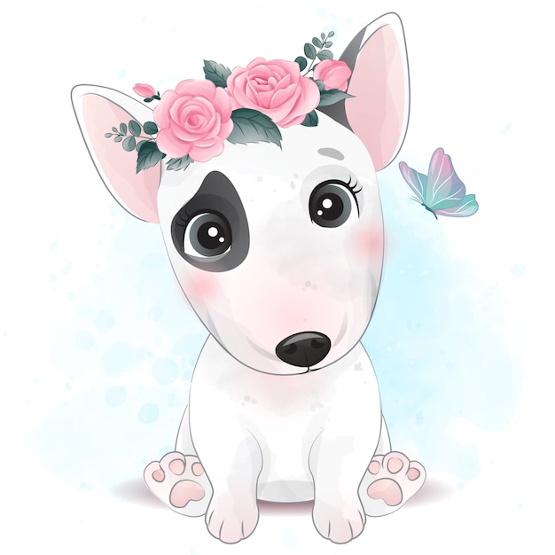 Schattige kleine hond met bloemen illustratie