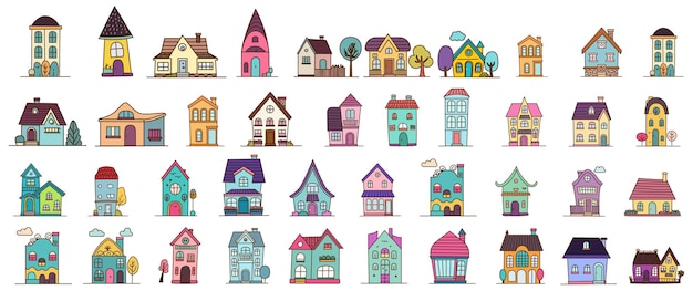 Schattige kleine huizen Cartoon kleine herenhuizen minimalisme stad gebouwen minimale voorstedelijke woonhuis vector illustratie iconen set huis kleine meerkleurige structuur stad residentiële buitenkant