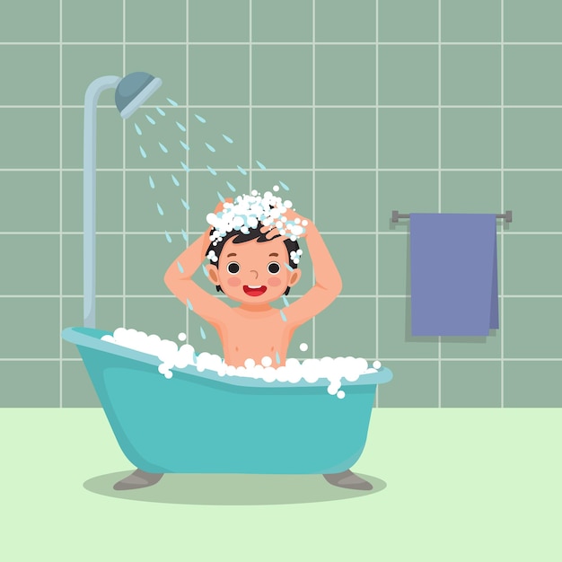 Vector schattige kleine jongen die een bad neemt in de badkuip