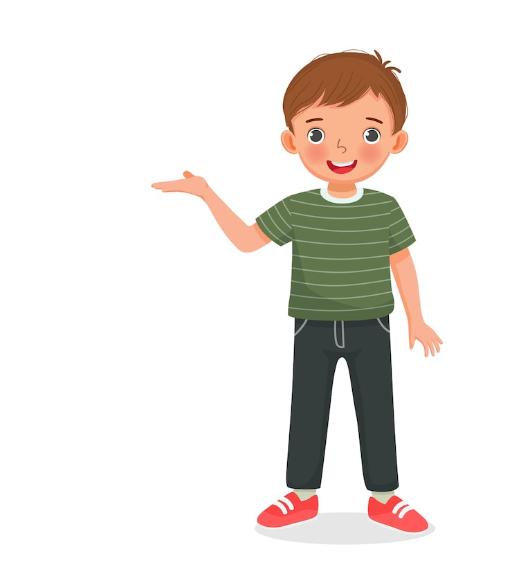Vector schattige kleine jongen die presenteert met de hand voor kopieerruimte