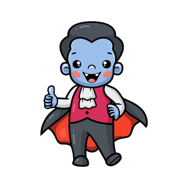 Schattige kleine jongen dracula cartoon staat en geeft duim omhoog