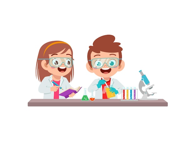 Schattige kleine jongen en meisje doen onderzoek in het lab