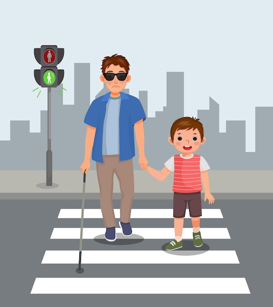 Schattige kleine jongen helpt blinde man de straat over te steken bij het voetgangersverkeer