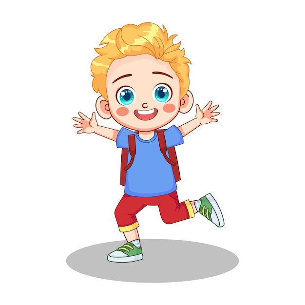 Schattige kleine jongen jongen met rugzak vectorillustratie. de jongen gaat naar school.