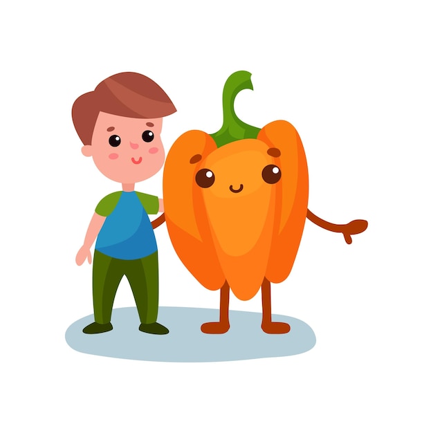 Schattige kleine jongen knuffelen gigantische peper plantaardige karakter beste vrienden gezonde voeding voor kinderen cartoon vector illustratie op een witte background