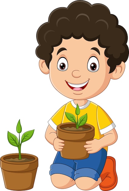 Schattige kleine jongen met planten in pot