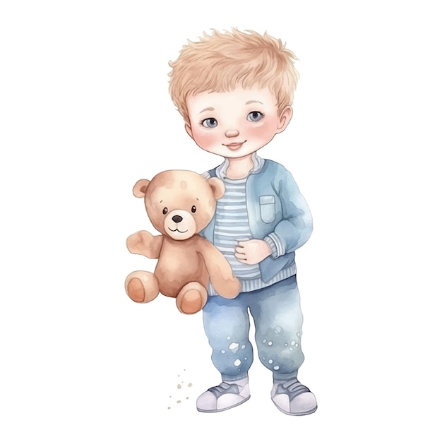 Schattige kleine jongen met teddybeer aquarel verf