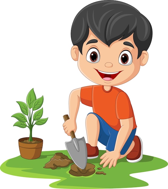 Schattige kleine jongen plant planten in de tuin
