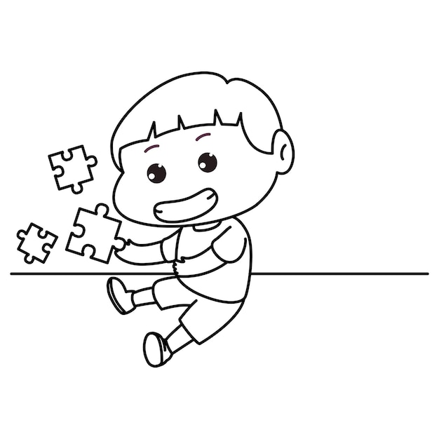 Schattige kleine jongen puzzel spelen Zitten spelen Kleurboek Cartoon vectorillustratie
