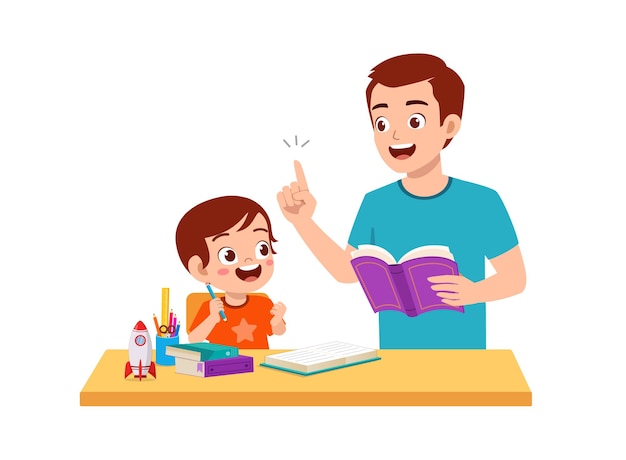 Schattige kleine jongen studeren samen met vader thuis