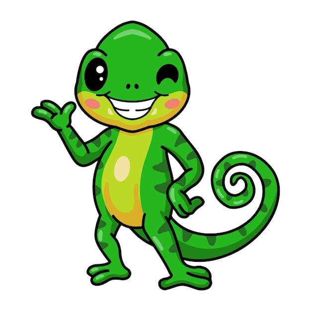 Schattige kleine kameleon cartoon zwaaiende hand