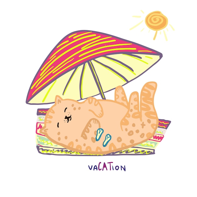 Schattige kleine kat rust op vakantie Zonnebaden op het strand Vector illustratie