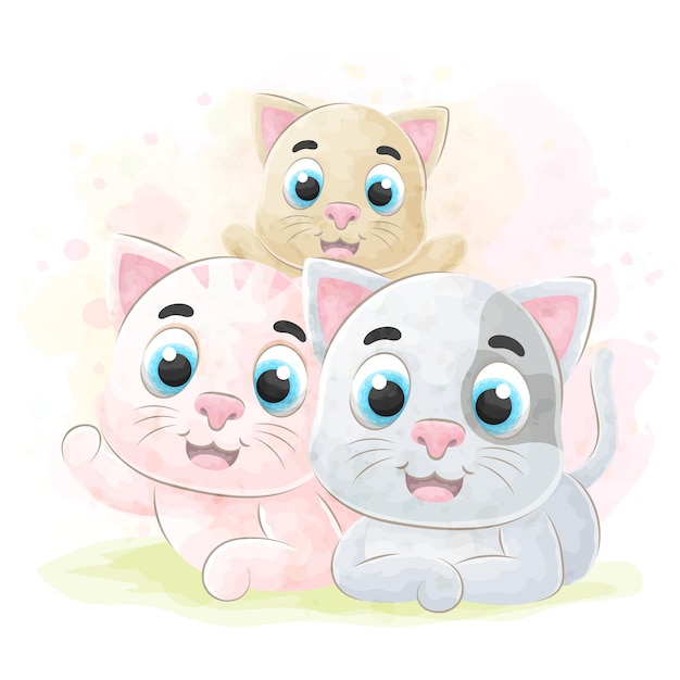 Schattige kleine katten met aquarelillustratie