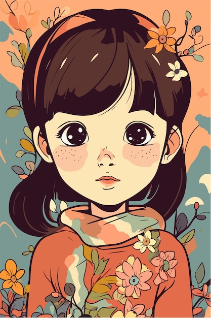 schattige kleine kawaii meisje illustratie vlakke kleuren vector illustratie digitale kunst Anime geïsoleerd