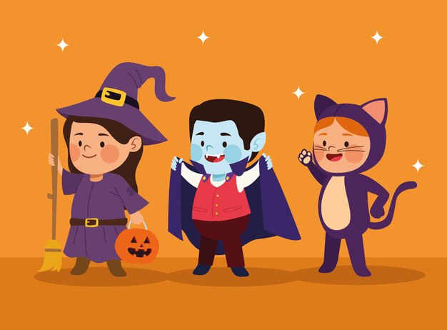 Schattige kleine kinderen gekleed als een kat en heks met vector de illustratieontwerp van draculakarakters