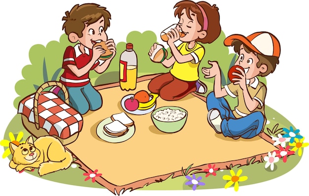 schattige kleine kinderen picknicken samen cartoon vectorillustratie