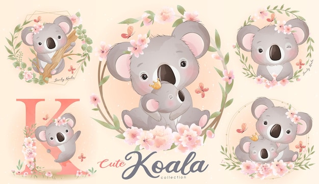 Schattige kleine koala met aquarel illustratie set