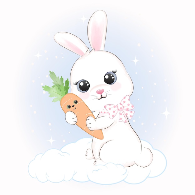 Schattige kleine konijn en wortel op de wolk