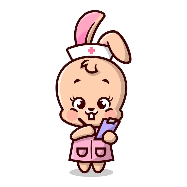 Schattige kleine konijn in verpleegstersuniform schrijft met pen Cartoon mascotte