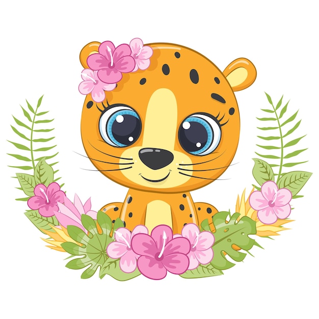 Schattige kleine luipaard met krans van Hawaï-bloemen