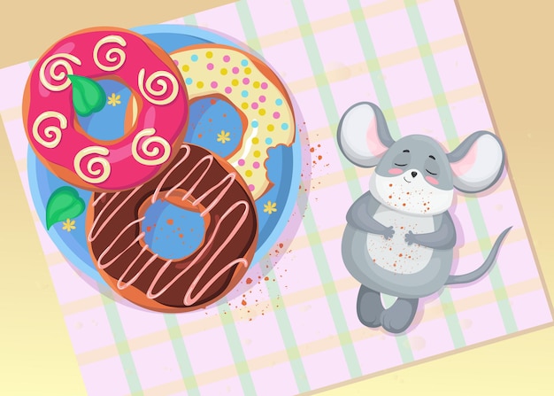 Schattige kleine muis ontspannen na het eten van donut illustratie