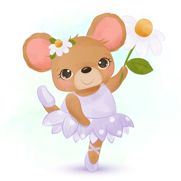 Schattige kleine muizen ballerina jurk dragen en gelukkig dansen