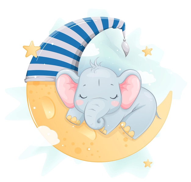 Schattige kleine olifant slapen op de maan grappig stripfiguur