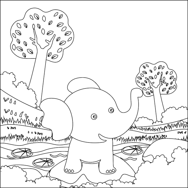Schattige kleine olifant speelt rond moeras kleurboek of pagina