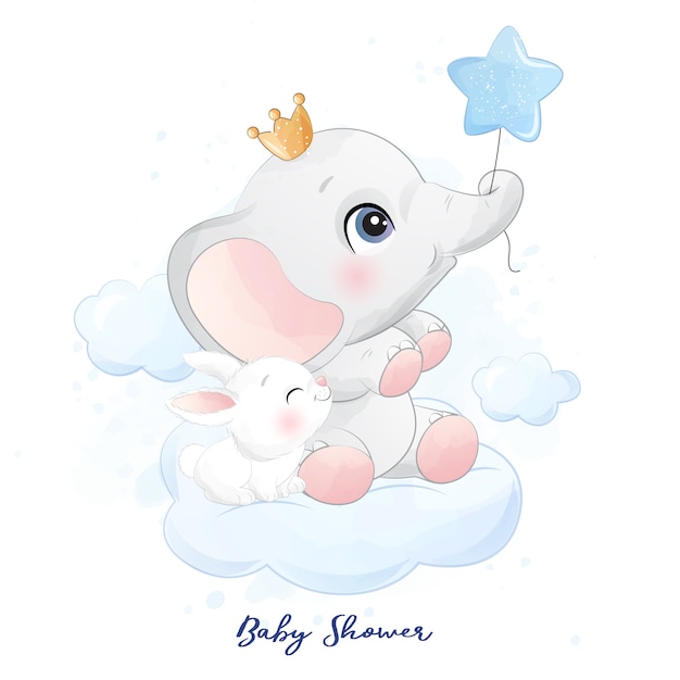 Schattige kleine olifant zitten in de wolk met bunny illustratie