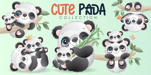 Schattige kleine panda met aquarel illustratie set