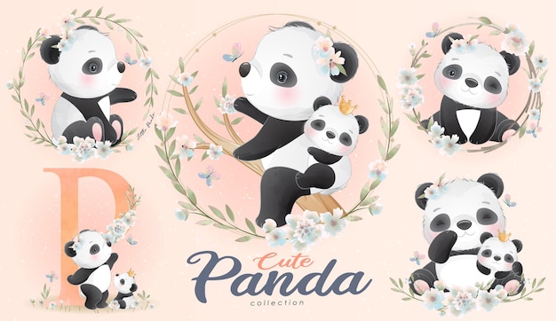 Schattige kleine panda met aquarel illustratie set