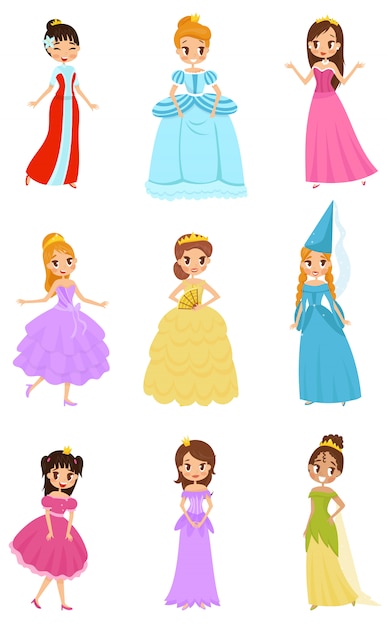 Schattige kleine prinses meisjes set, mooie kleine meisjes in prinses jurken Illustraties op een witte achtergrond