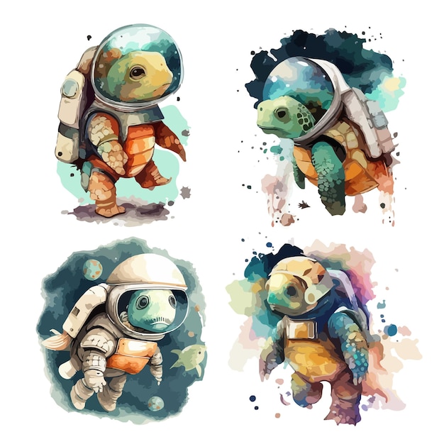 Schattige kleine schildpad astronaut met aquarel vector illustratie set