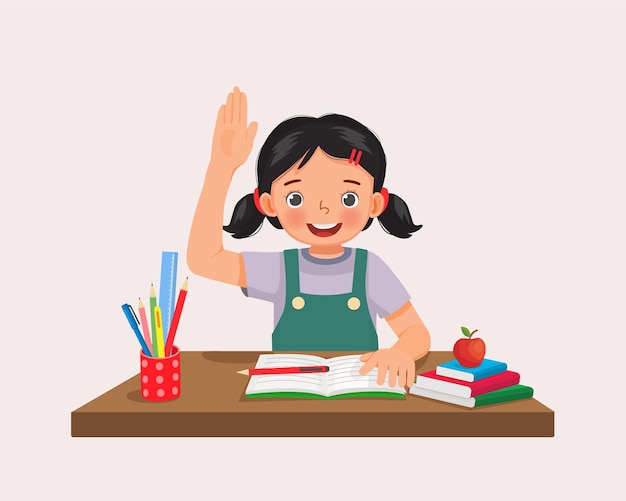 Schattige kleine studente stijgende hand die vraag stelt aan haar bureau in de klas