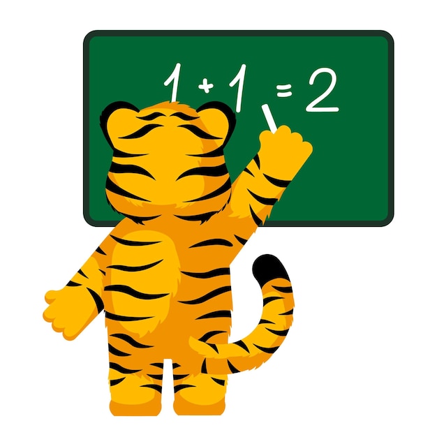 Schattige kleine tijger leraar wiskunde karakter geïsoleerd happy club cartoon gestreepte tijger op school