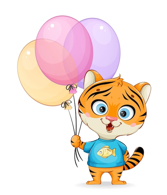 Schattige kleine tijger met gekleurde ballonnen