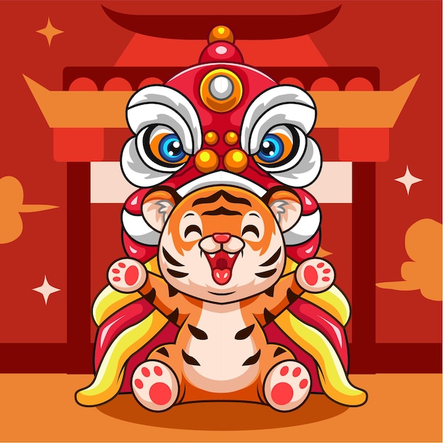 schattige kleine tijgercartoon die chinees nieuwjaar viert met leeuwendans