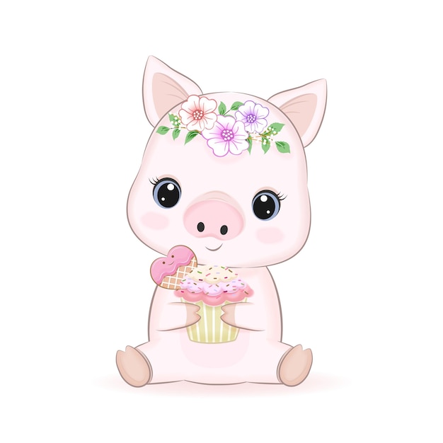 Schattige kleine varken en cupcake cartoon afbeelding