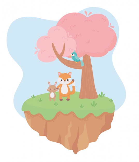 Schattige kleine vos konijn en papegaai op tak boom gras tekenfilm dieren in een natuurlijke landschap vectorillustratie