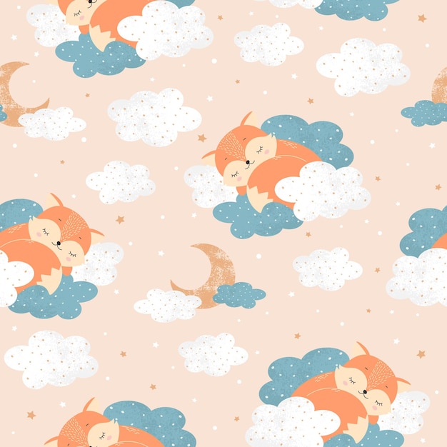 Schattige kleine vos slapen op wolken met sterren Baby naadloze patroon voor poster stof print briefkaart