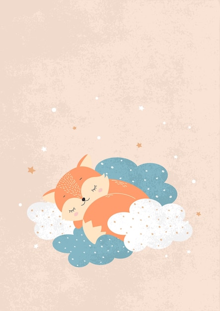 Schattige kleine vos slapen op wolken met sterren illustratie voor posters stof prints briefkaart
