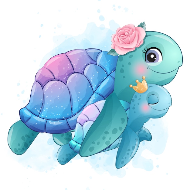 Vector schattige kleine zeeschildpad moeder en baby illustratie