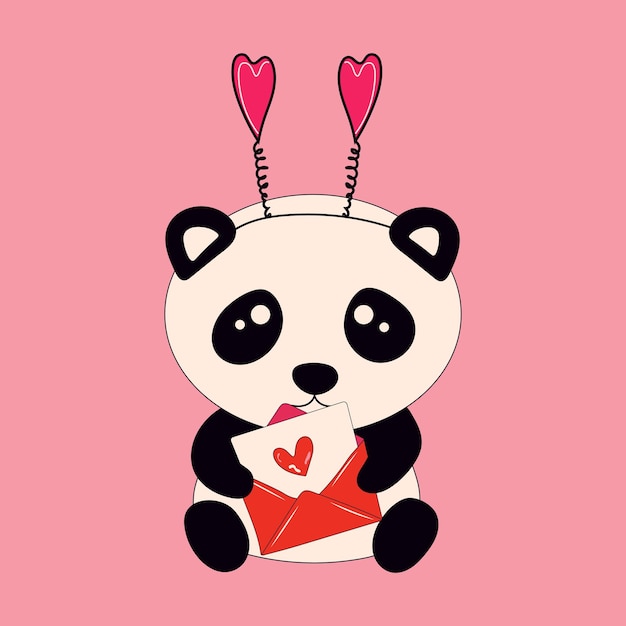 Vector schattige kleine zittende panda houdt een envelop met hartjes vast. dierlijk stripfiguur voor kinderkaarten, baby