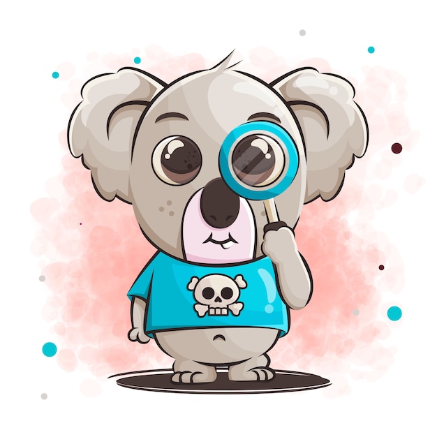 schattige koala cartoon met vergrootglas